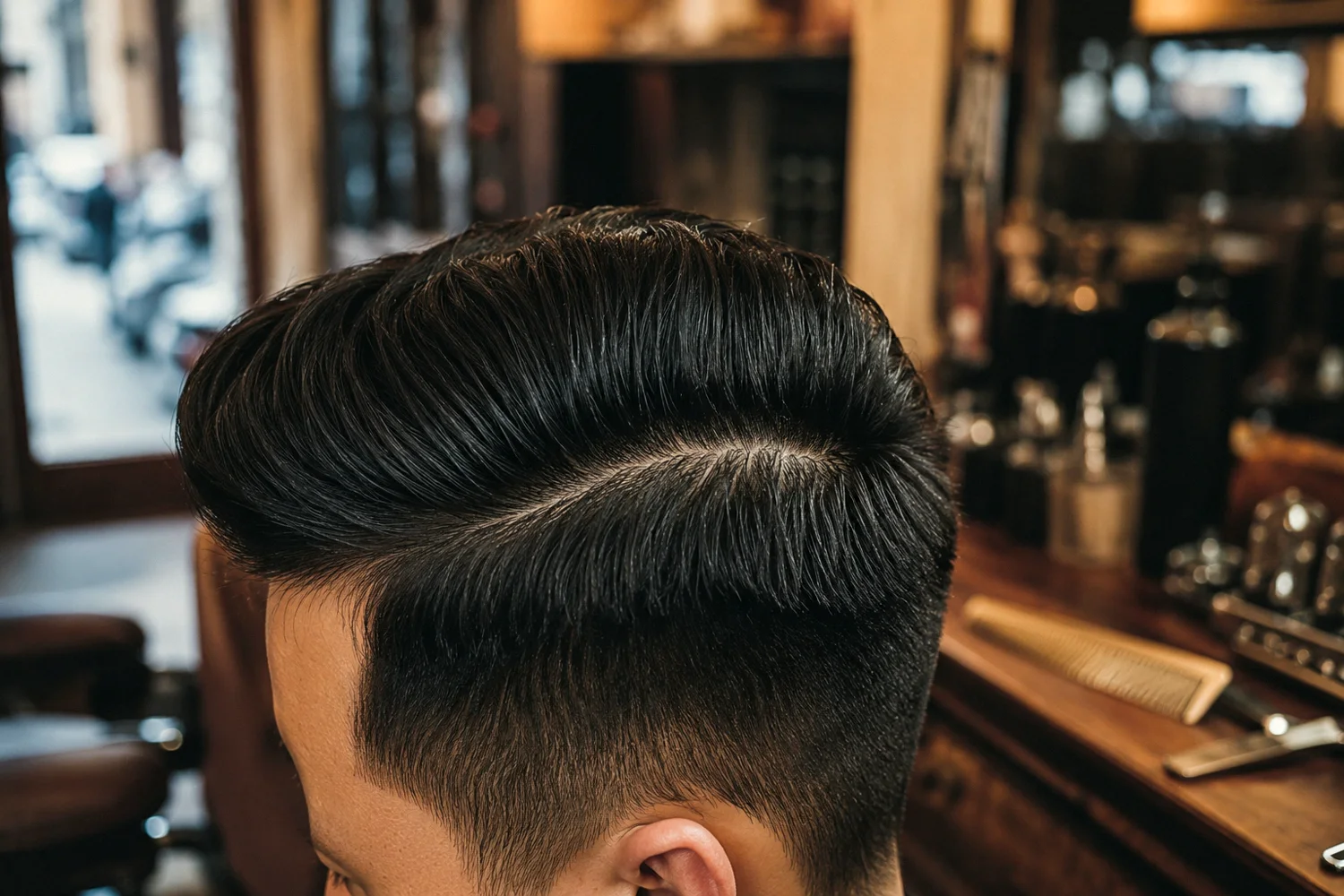 Kiểu tóc nam fade cao tạo phồng trên đỉnh hợp mặt tròn
