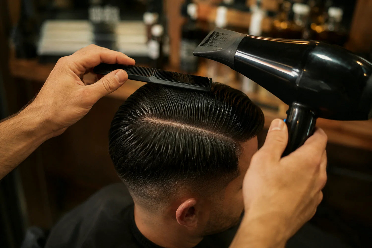 Tay thợ dùng lược và máy sấy tạo đường rẽ ngôi cho kiểu tóc side part nam