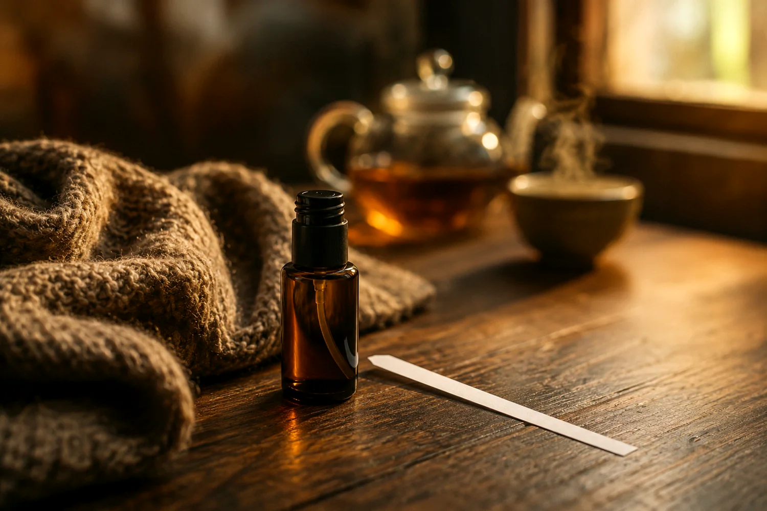 Chai nước hoa chiết và giấy thử đặt cạnh khăn len trên bàn gỗ mùa lạnh