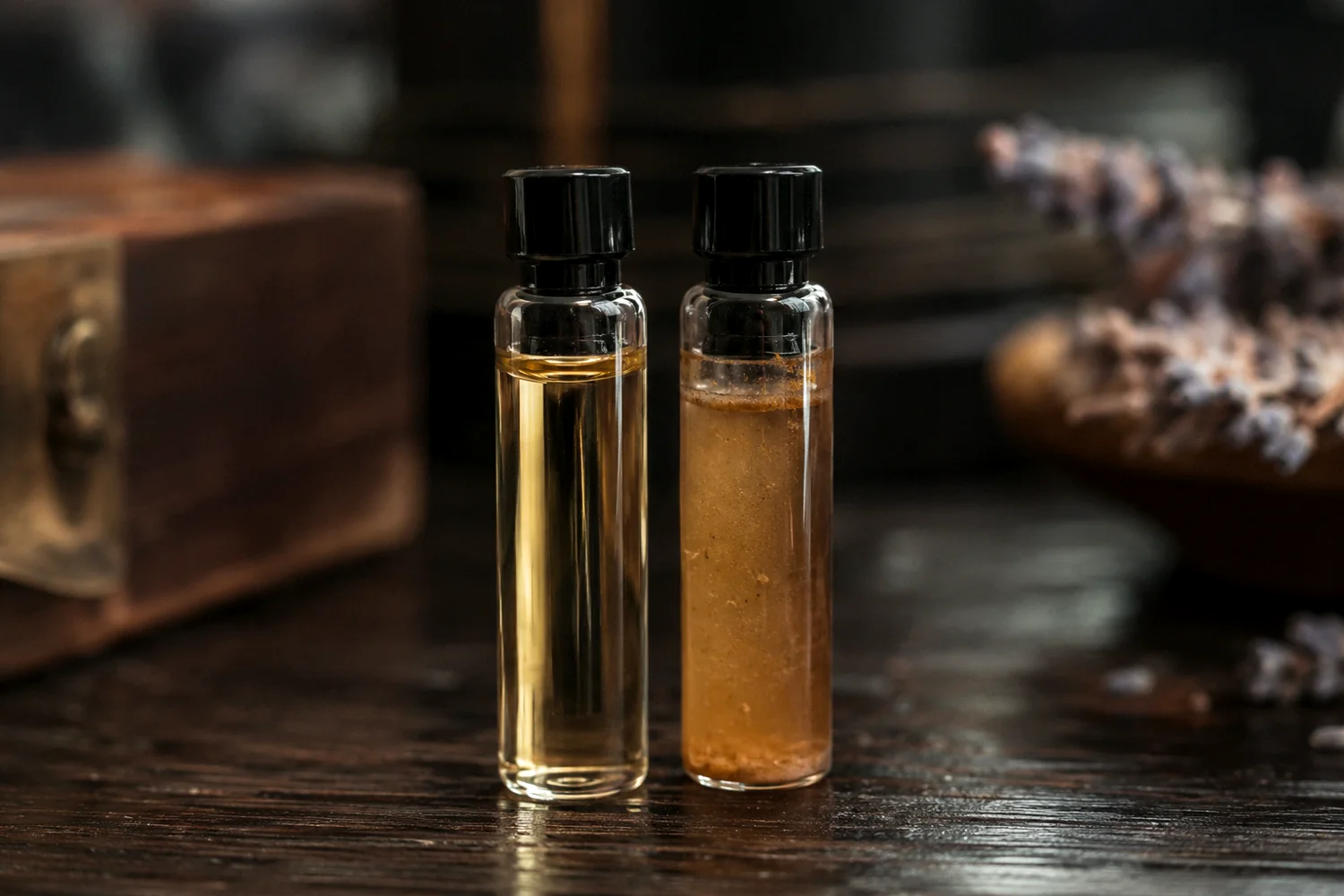 So sánh chai chiết thật trong veo và chai pha rởm đục màu