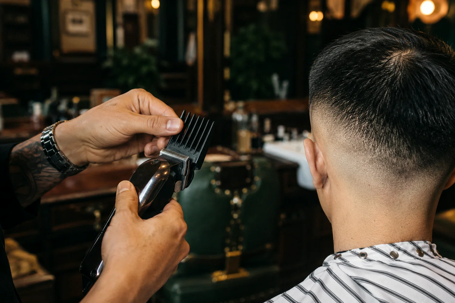 Thợ barber gắn cữ số 3 vào tông đơ để cắt tóc nam kiểu fade